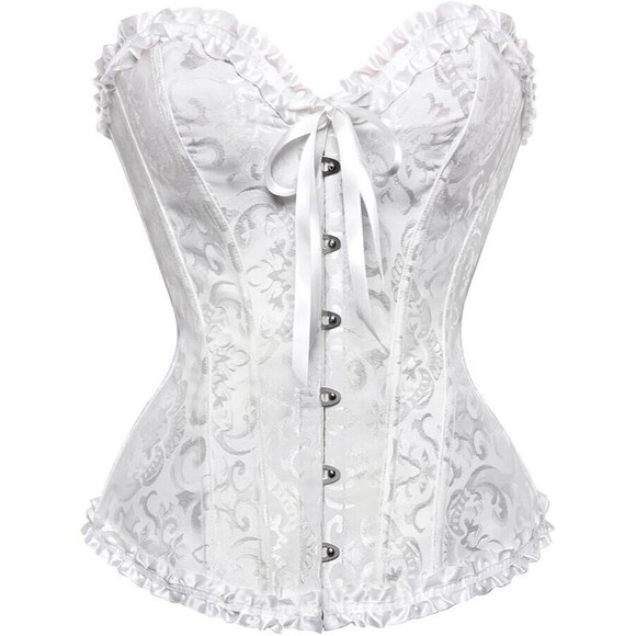 Pin Up White Jacquard Floral Lace Up Boned Frilly Corset Bustier Top S - Picture 1 of 16